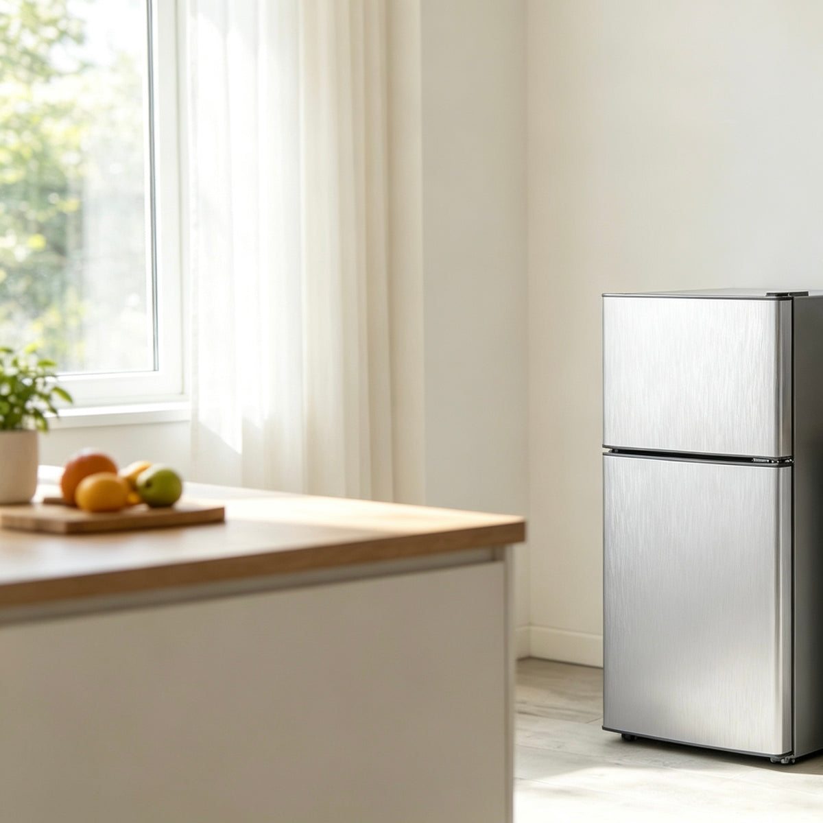3.2 Cu.Ft 2‑Door Mini Fridge with Freezer, Compact Stainless Steel Small Refrigerator