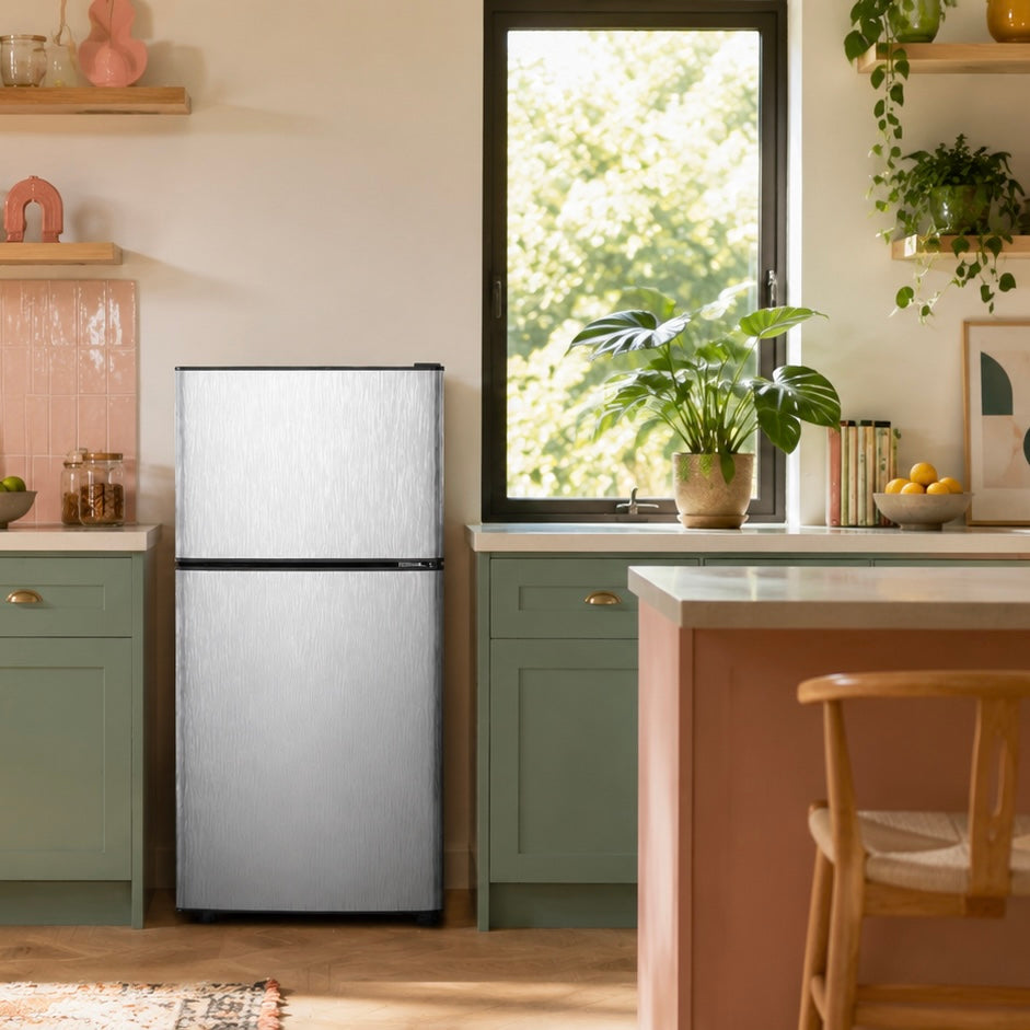 3.2 Cu.Ft 2‑Door Mini Fridge with Freezer, Compact Stainless Steel Small Refrigerator